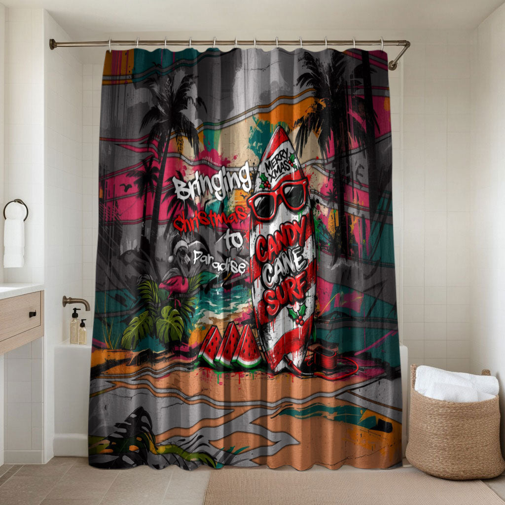 Tropical Christmas In July Candy Cane Surf Bathroom Set Vibrant Street Art Beach Graffiti Graphic TS04 Shower Curtain Only Orange Grey - Polynesian Pride