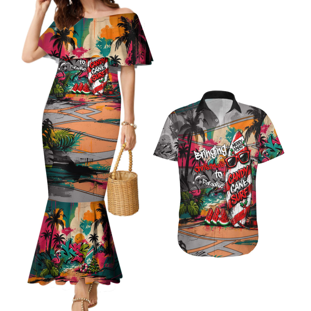 Tropical Christmas In July Candy Cane Surf Couples Matching Mermaid Dress and Hawaiian Shirt Vibrant Street Art Beach Graffiti Graphic TS04 Orange Grey - Polynesian Pride