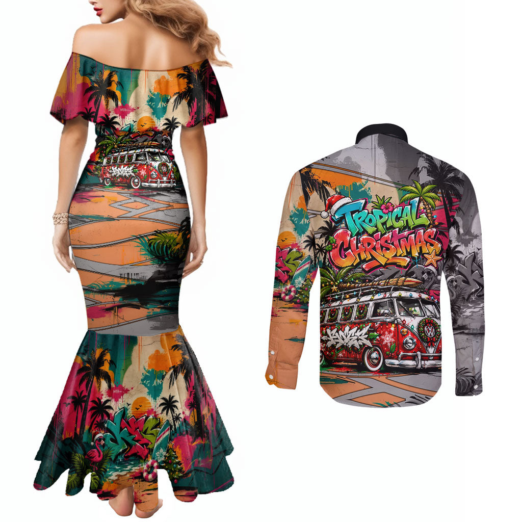Tropical Christmas In July Candy Cane Surf Couples Matching Mermaid Dress and Long Sleeve Button Shirt Vibrant Street Art Beach Graffiti Graphic TS04 - Polynesian Pride