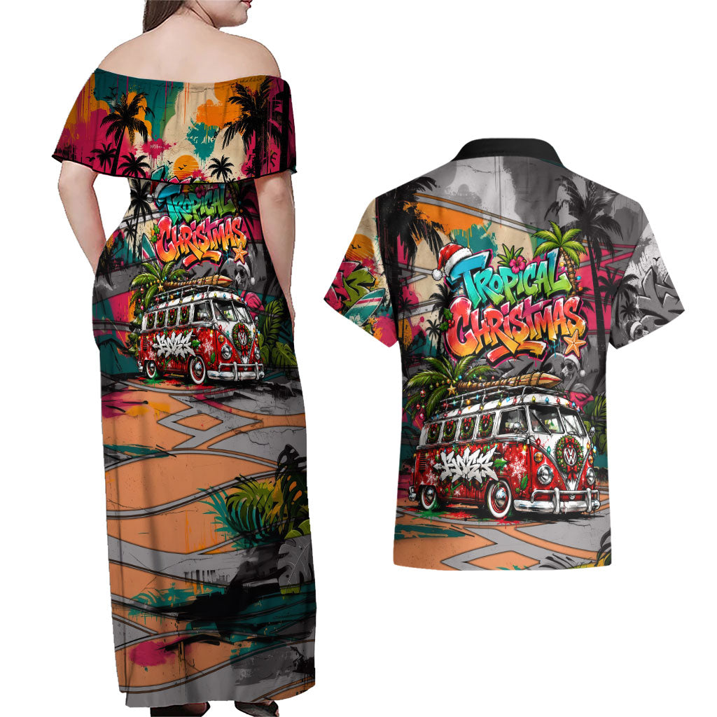 Tropical Christmas In July Candy Cane Surf Couples Matching Off Shoulder Maxi Dress and Hawaiian Shirt Vibrant Street Art Beach Graffiti Graphic TS04 - Polynesian Pride