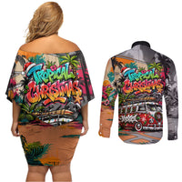 Tropical Christmas In July Candy Cane Surf Couples Matching Off Shoulder Short Dress and Long Sleeve Button Shirt Vibrant Street Art Beach Graffiti Graphic TS04 - Polynesian Pride