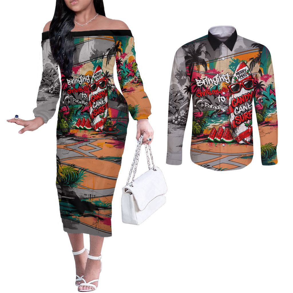 Tropical Christmas In July Candy Cane Surf Couples Matching Off The Shoulder Long Sleeve Dress and Long Sleeve Button Shirt Vibrant Street Art Beach Graffiti Graphic TS04 Orange Grey - Polynesian Pride