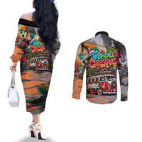 Tropical Christmas In July Candy Cane Surf Couples Matching Off The Shoulder Long Sleeve Dress and Long Sleeve Button Shirt Vibrant Street Art Beach Graffiti Graphic TS04 - Polynesian Pride