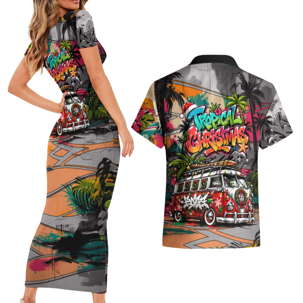 Tropical Christmas In July Candy Cane Surf Couples Matching Short Sleeve Bodycon Dress and Hawaiian Shirt Vibrant Street Art Beach Graffiti Graphic TS04 - Polynesian Pride