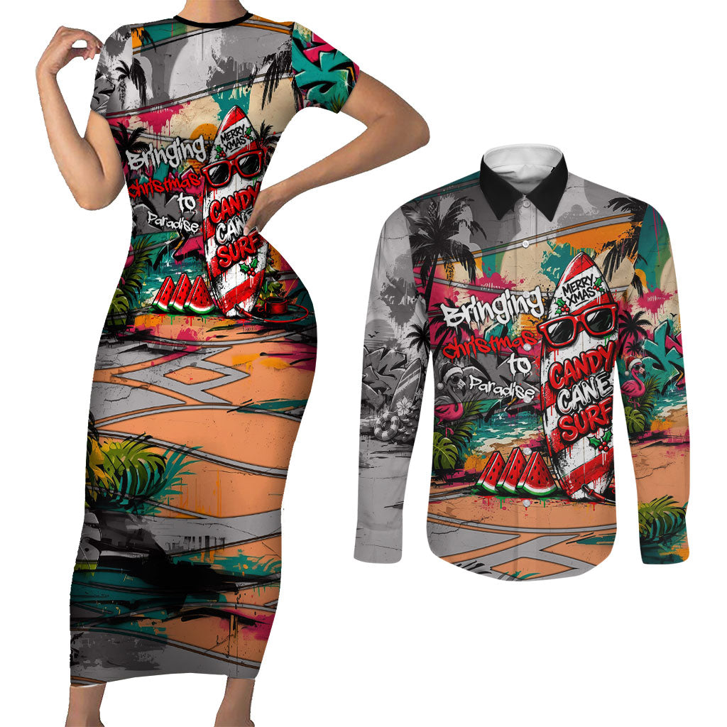 Tropical Christmas In July Candy Cane Surf Couples Matching Short Sleeve Bodycon Dress and Long Sleeve Button Shirt Vibrant Street Art Beach Graffiti Graphic TS04 Orange Grey - Polynesian Pride