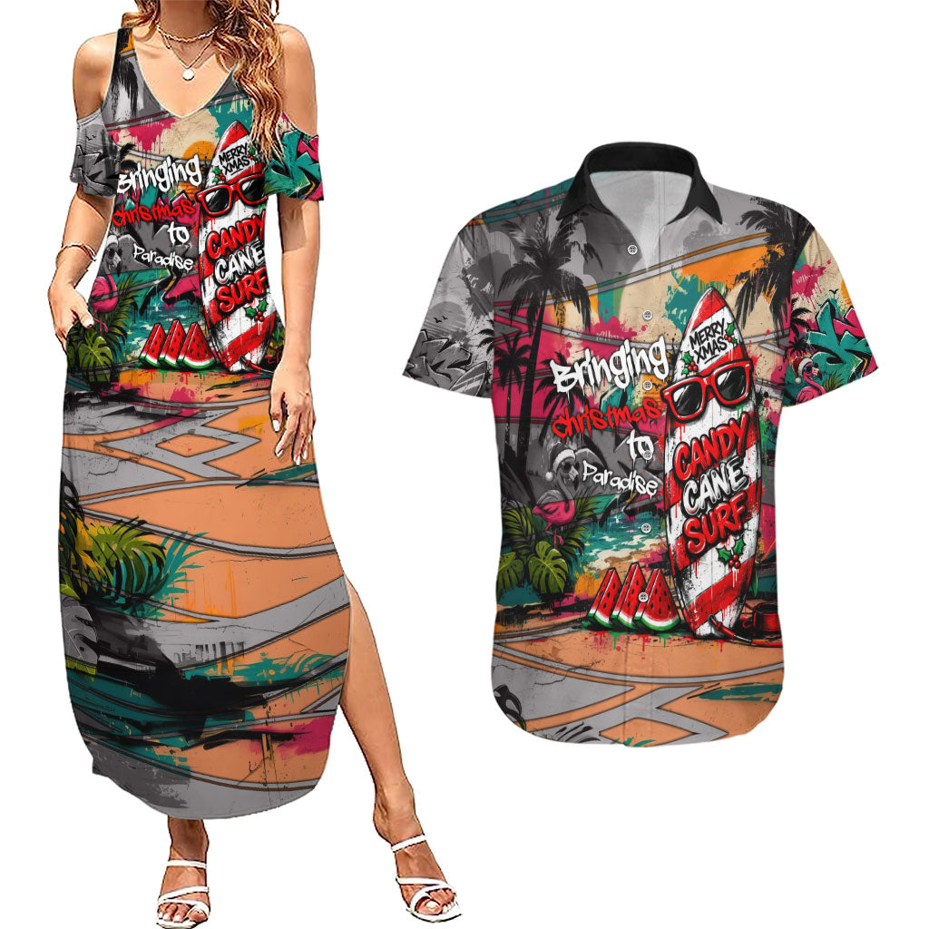 Tropical Christmas In July Candy Cane Surf Couples Matching Summer Maxi Dress and Hawaiian Shirt Vibrant Street Art Beach Graffiti Graphic TS04 Orange Grey - Polynesian Pride