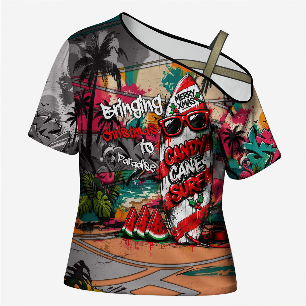 Tropical Christmas In July Candy Cane Surf Cross Shoulder Shirt Vibrant Street Art Beach Graffiti Graphic TS04 Female Orange Grey - Polynesian Pride