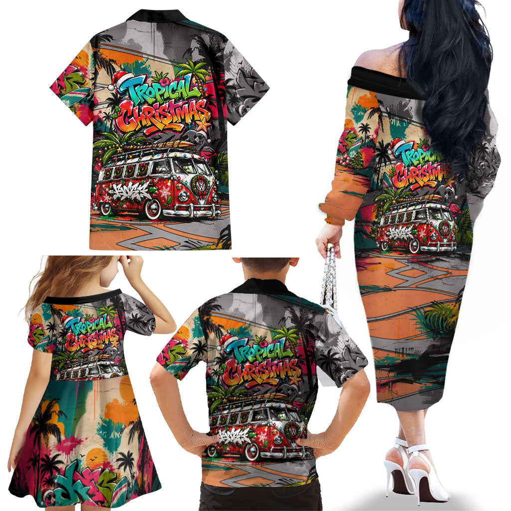Tropical Christmas In July Candy Cane Surf Family Matching Off The Shoulder Long Sleeve Dress and Hawaiian Shirt Vibrant Street Art Beach Graffiti Graphic TS04 - Polynesian Pride