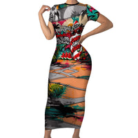 Tropical Christmas In July Candy Cane Surf Family Matching Short Sleeve Bodycon Dress and Hawaiian Shirt Vibrant Street Art Beach Graffiti Graphic TS04 Mom's Dress Orange Grey - Polynesian Pride