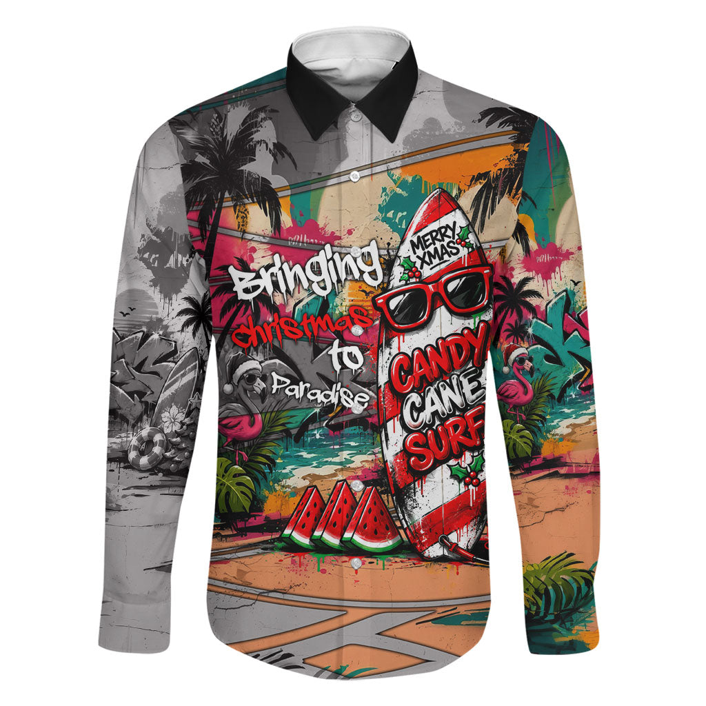 Tropical Christmas In July Candy Cane Surf Family Matching Summer Maxi Dress and Hawaiian Shirt Vibrant Street Art Beach Graffiti Graphic TS04 Dad's Shirt - Long Sleeve Orange Grey - Polynesian Pride