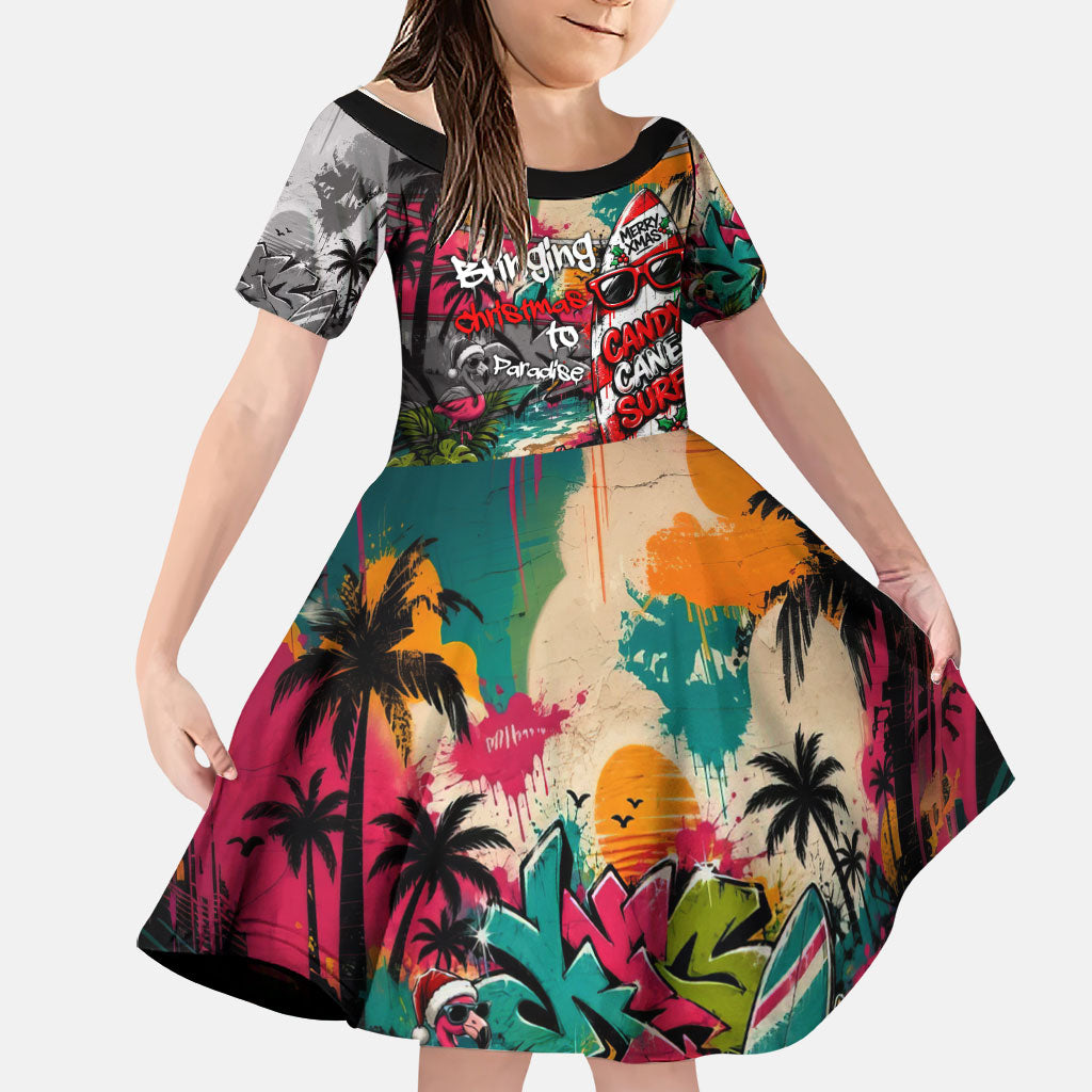 Tropical Christmas In July Candy Cane Surf Family Matching Tank Maxi Dress and Hawaiian Shirt Vibrant Street Art Beach Graffiti Graphic TS04 Daughter's Dress Orange Grey - Polynesian Pride