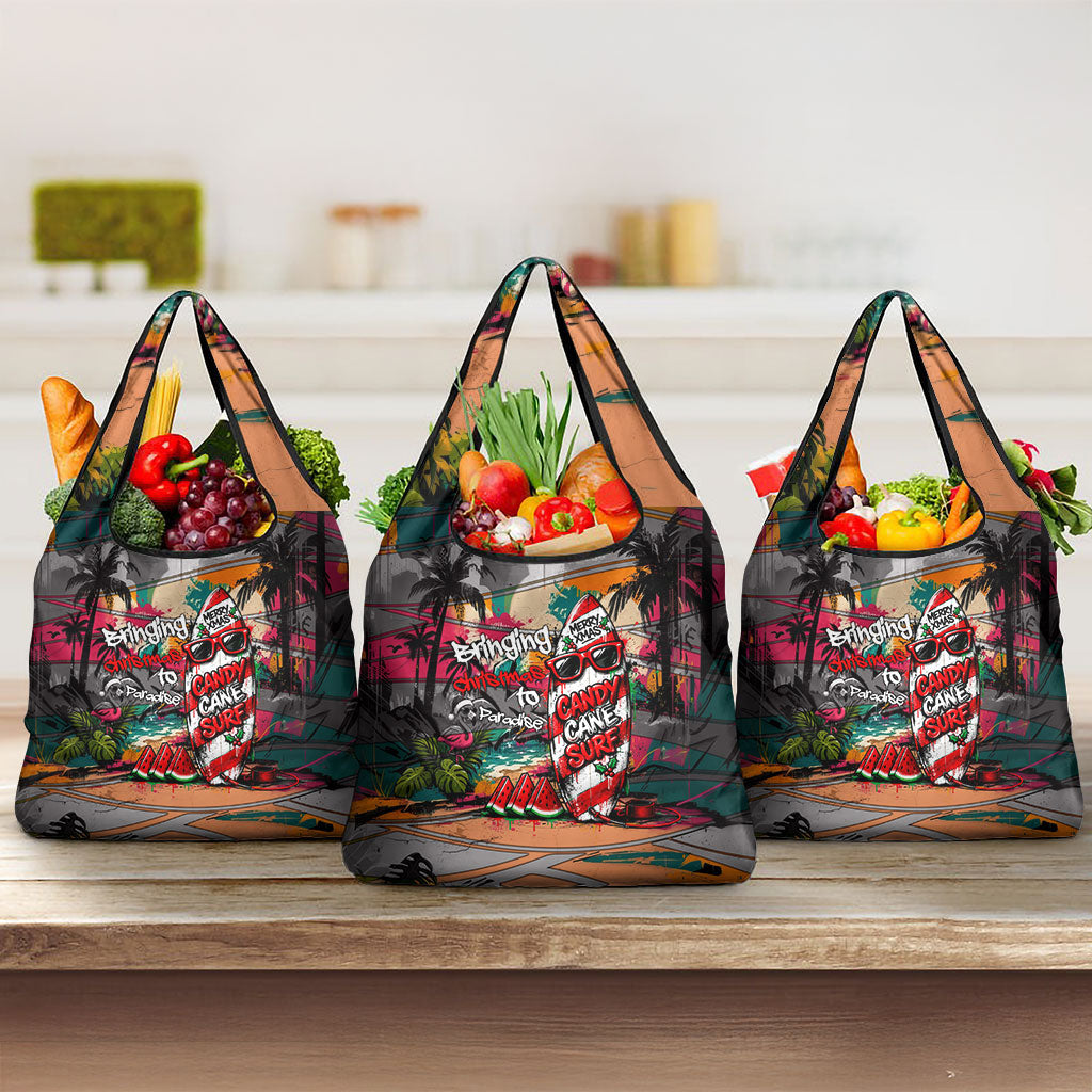 Tropical Christmas In July Candy Cane Surf Grocery Bag Vibrant Street Art Beach Graffiti Graphic