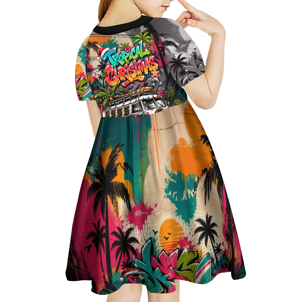 Tropical Christmas In July Candy Cane Surf Kid Short Sleeve Dress Vibrant Street Art Beach Graffiti Graphic TS04 - Polynesian Pride