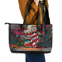 Tropical Christmas In July Candy Cane Surf Leather Tote Bag Vibrant Street Art Beach Graffiti Graphic