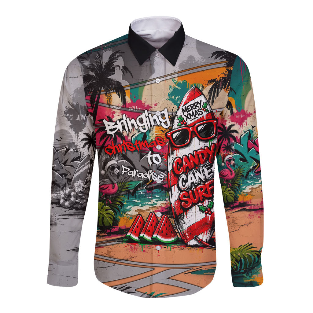 Tropical Christmas In July Candy Cane Surf Long Sleeve Button Shirt Vibrant Street Art Beach Graffiti Graphic TS04 Unisex Orange Grey - Polynesian Pride