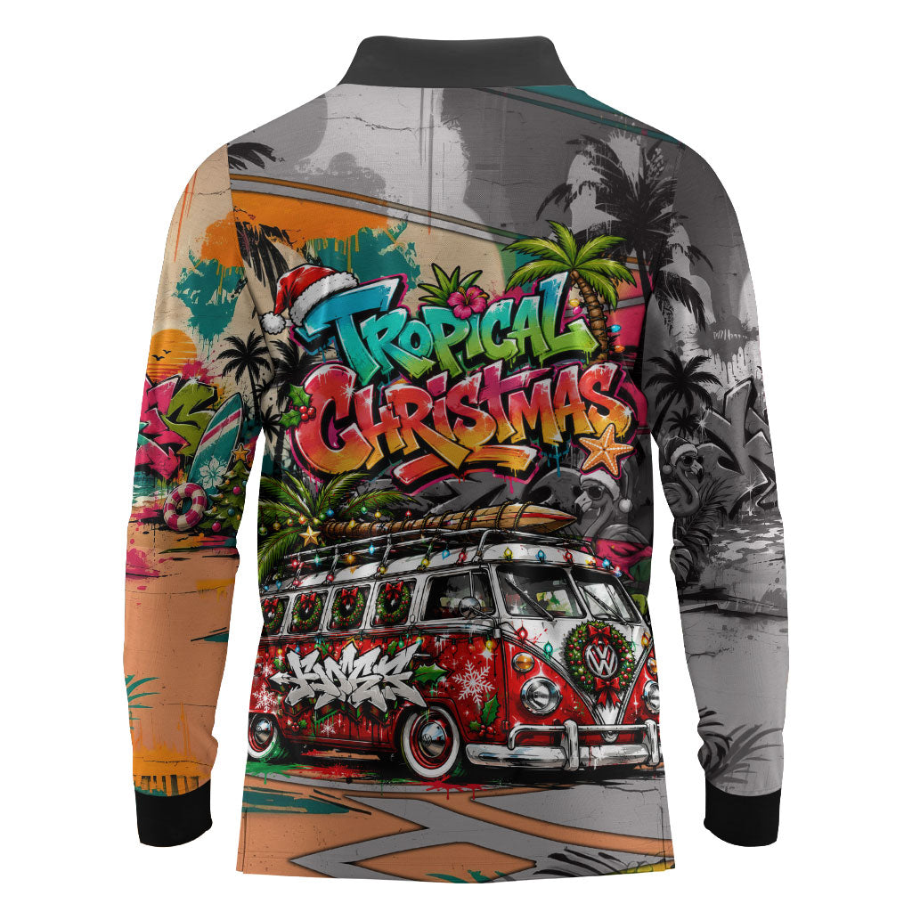 Tropical Christmas In July Candy Cane Surf Long Sleeve Polo Shirt Vibrant Street Art Beach Graffiti Graphic TS04 - Polynesian Pride