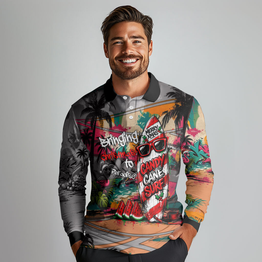 Tropical Christmas In July Candy Cane Surf Long Sleeve Polo Shirt Vibrant Street Art Beach Graffiti Graphic TS04 - Polynesian Pride