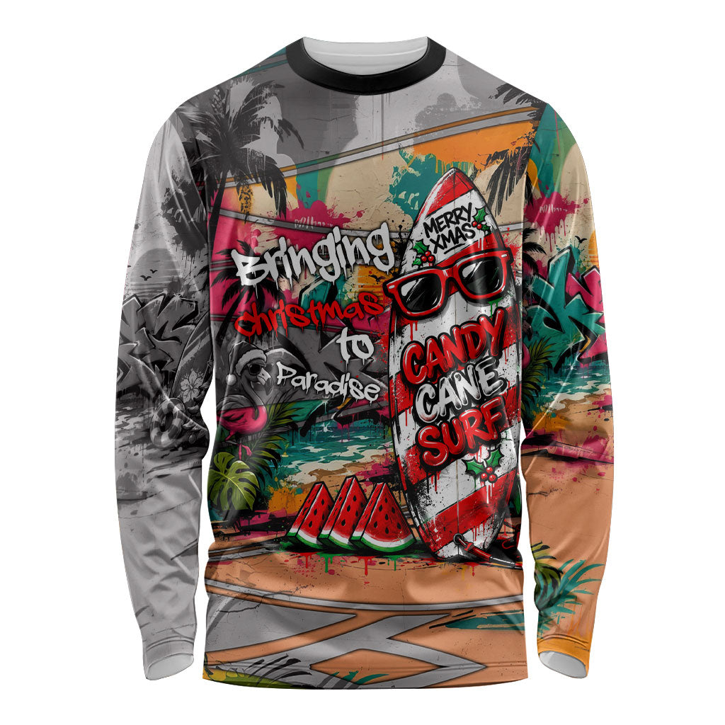 Tropical Christmas In July Candy Cane Surf Long Sleeve Shirt Vibrant Street Art Beach Graffiti Graphic TS04 Unisex Orange Grey - Polynesian Pride