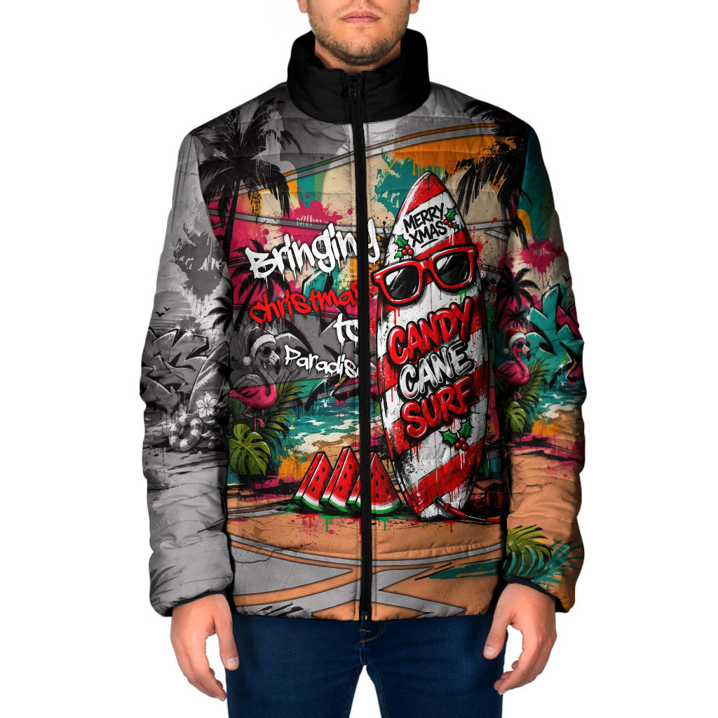 Tropical Christmas In July Candy Cane Surf Padded Jacket Vibrant Street Art Beach Graffiti Graphic