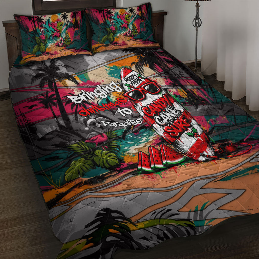 Tropical Christmas In July Candy Cane Surf Quilt Bed Set Vibrant Street Art Beach Graffiti Graphic