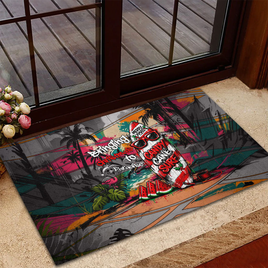 Tropical Christmas In July Candy Cane Surf Rubber Doormat Vibrant Street Art Beach Graffiti Graphic