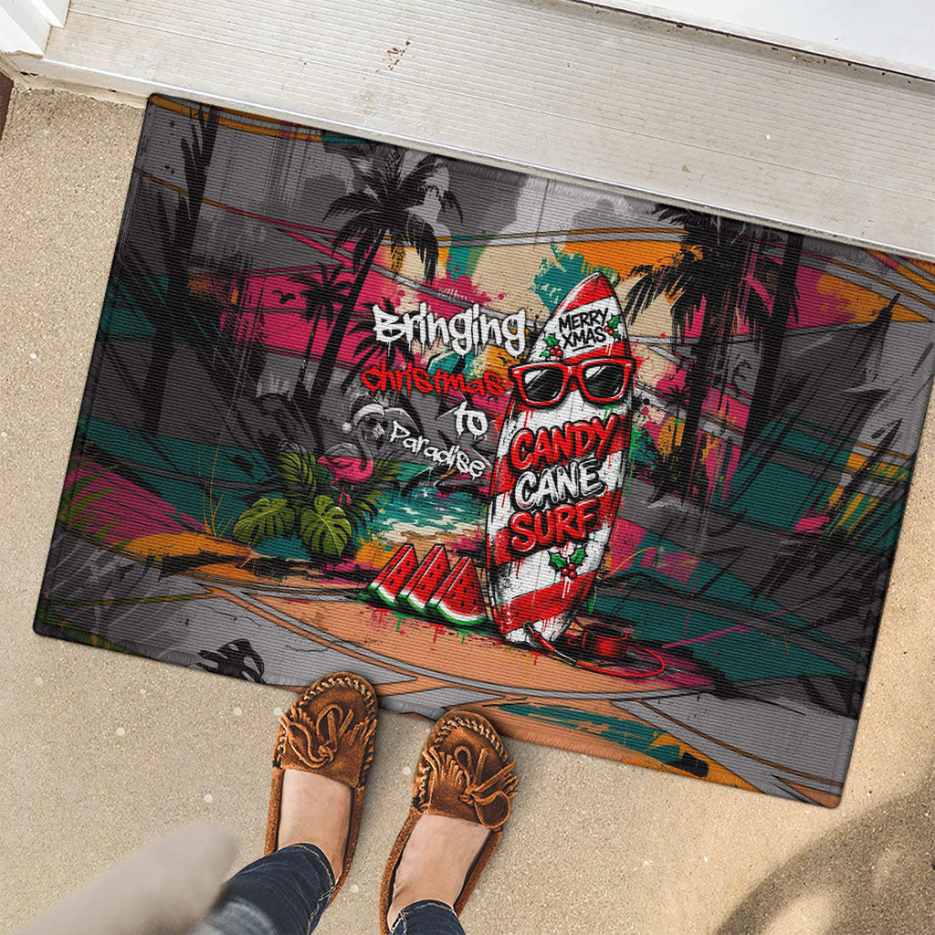 Tropical Christmas In July Candy Cane Surf Rubber Doormat Vibrant Street Art Beach Graffiti Graphic