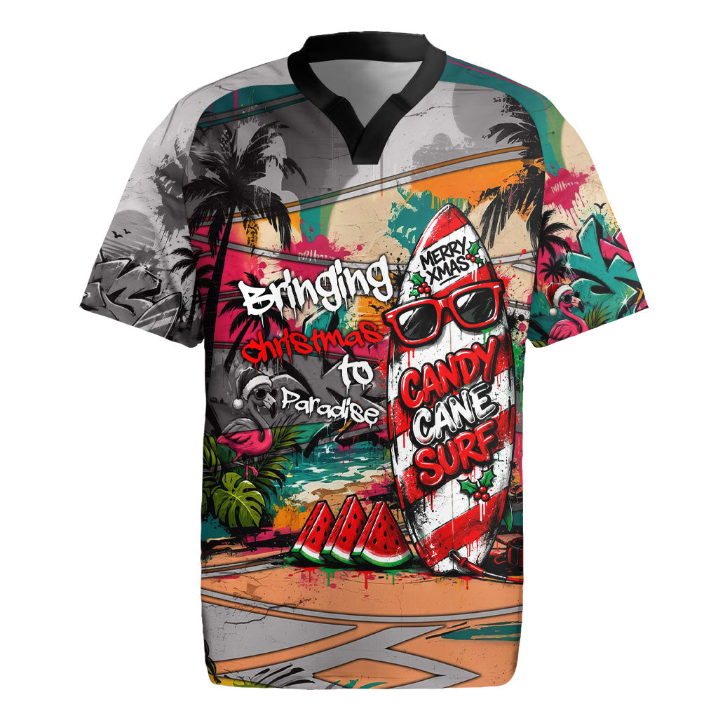 Tropical Christmas In July Candy Cane Surf Rugby Jersey Vibrant Street Art Beach Graffiti Graphic