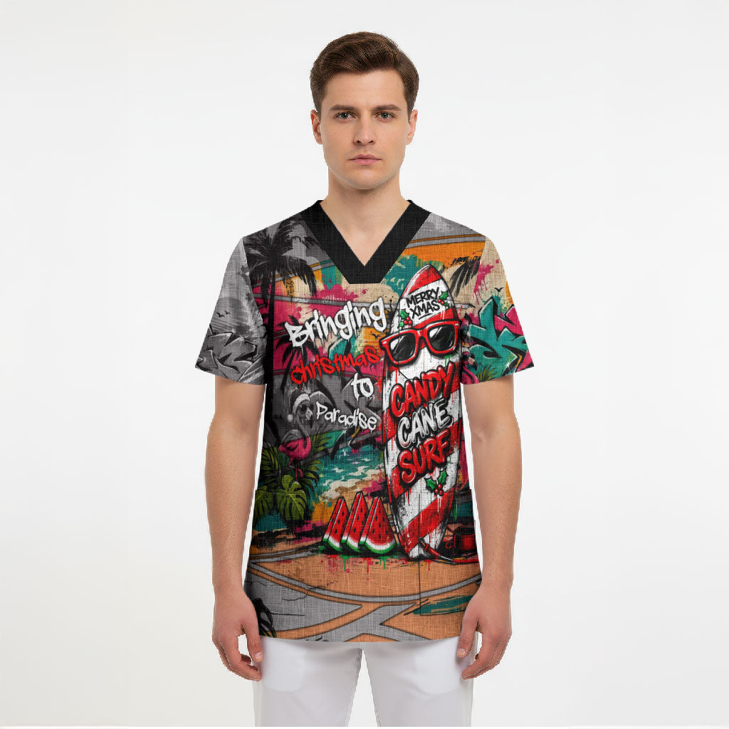 Tropical Christmas In July Candy Cane Surf Scrub Top Vibrant Street Art Beach Graffiti Graphic TS04 - Polynesian Pride