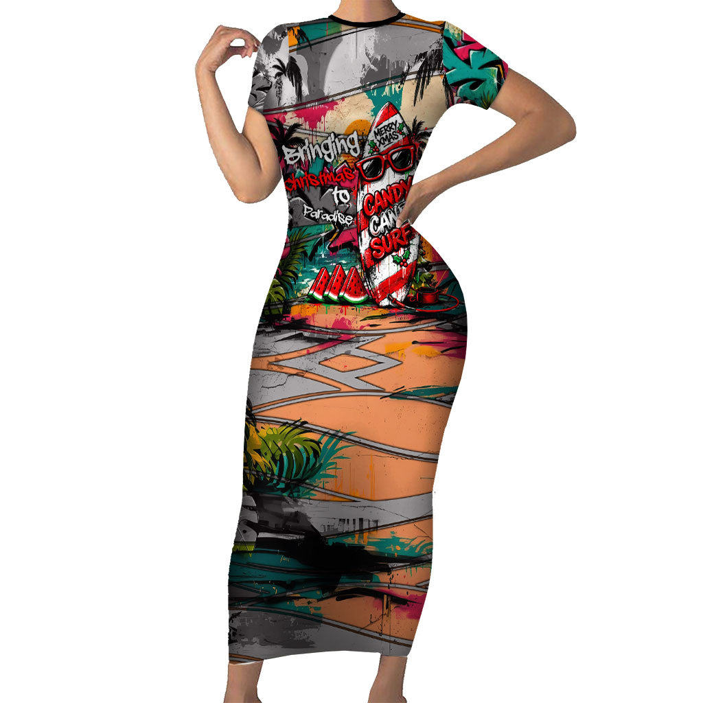 Tropical Christmas In July Candy Cane Surf Short Sleeve Bodycon Dress Vibrant Street Art Beach Graffiti Graphic TS04 Long Dress Orange Grey - Polynesian Pride