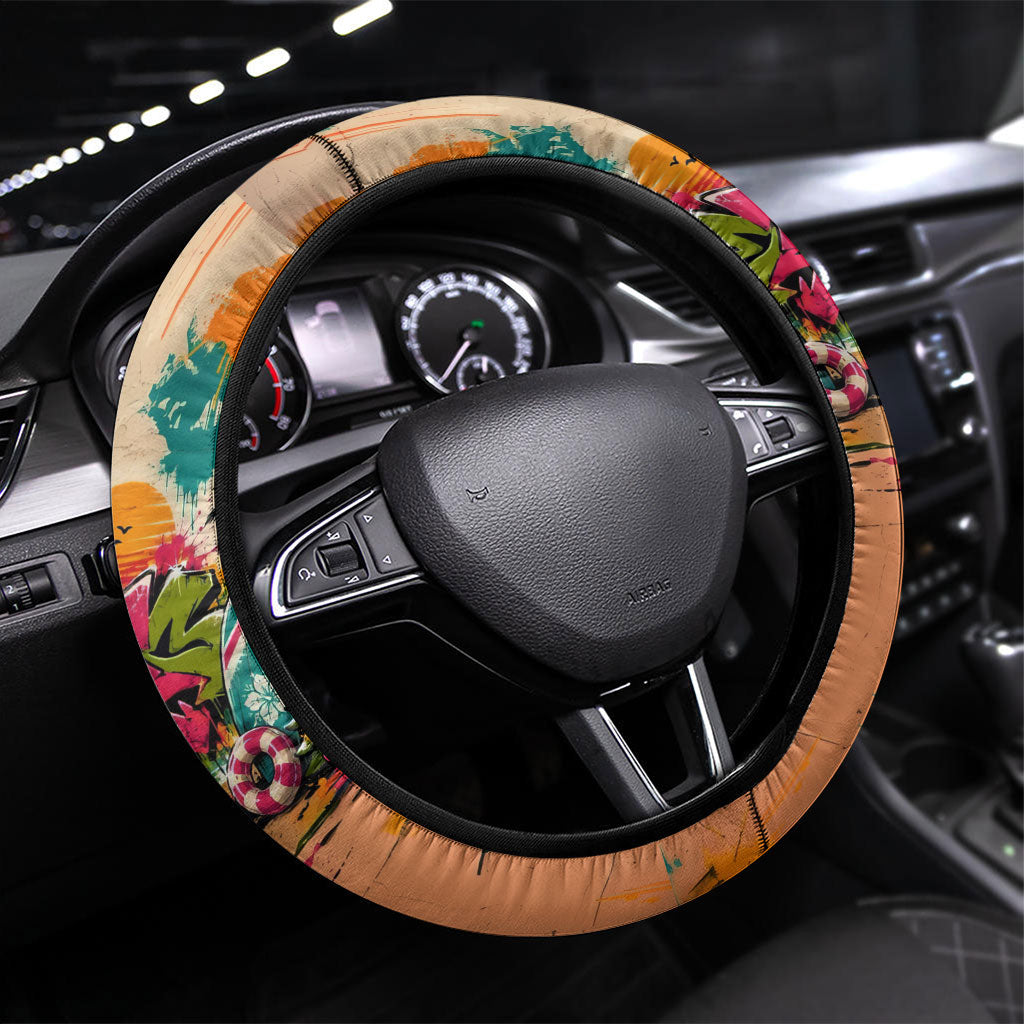 Tropical Christmas In July Candy Cane Surf Steering Wheel Cover Vibrant Street Art Beach Graffiti Graphic TS04 Universal Fit Orange Grey - Polynesian Pride