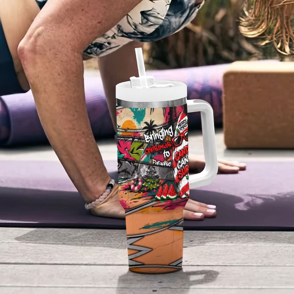 Tropical Christmas In July Candy Cane Surf Tumbler With Handle Vibrant Street Art Beach Graffiti Graphic