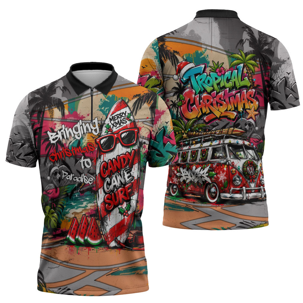 Tropical Christmas In July Candy Cane Surf Zipper Polo Shirt Vibrant Street Art Beach Graffiti Graphic TS04 - Polynesian Pride