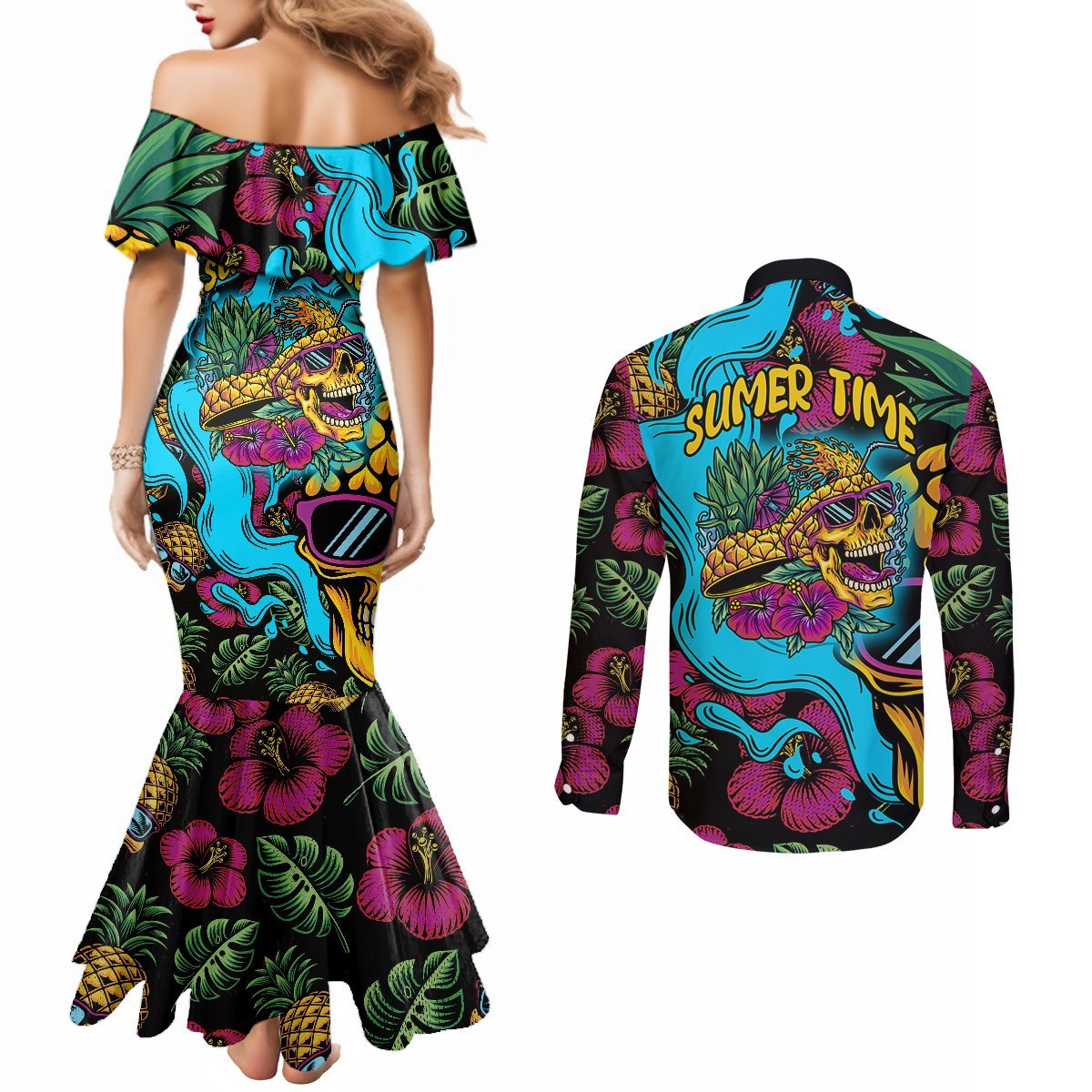 Pineapple Skull Couples Matching Mermaid Dress and Long Sleeve Button Shirts Sumer Time TS04 Multicolor - Polynesian Pride