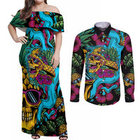 Pineapple Skull Couples Matching Off Shoulder Maxi Dress and Long Sleeve Button Shirts Sumer Time TS04 - Polynesian Pride