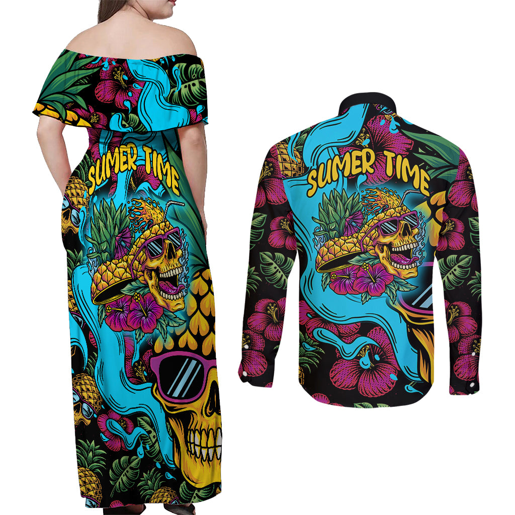 Pineapple Skull Couples Matching Off Shoulder Maxi Dress and Long Sleeve Button Shirts Sumer Time TS04 Multicolor - Polynesian Pride