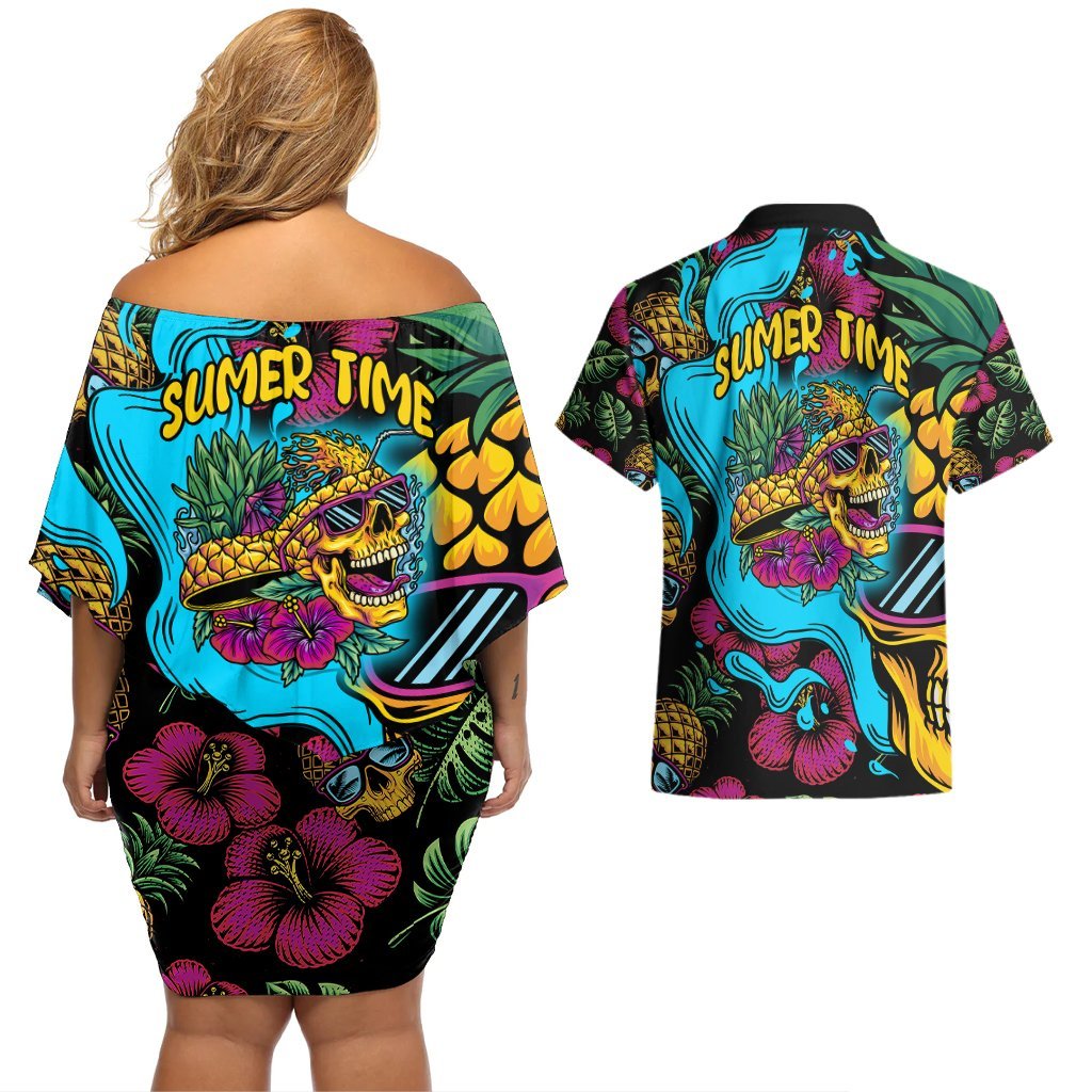 Pineapple Skull Couples Matching Off Shoulder Short Dress and Hawaiian Shirt Sumer Time TS04 Multicolor - Polynesian Pride