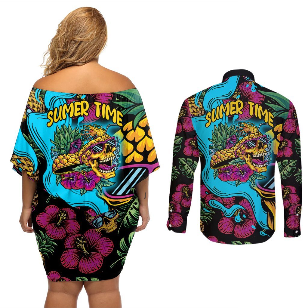 Pineapple Skull Couples Matching Off Shoulder Short Dress and Long Sleeve Button Shirts Sumer Time TS04 Multicolor - Polynesian Pride
