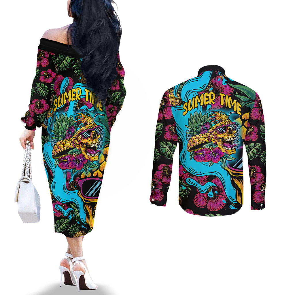 Pineapple Skull Couples Matching Off The Shoulder Long Sleeve Dress and Long Sleeve Button Shirts Sumer Time TS04 Multicolor - Polynesian Pride