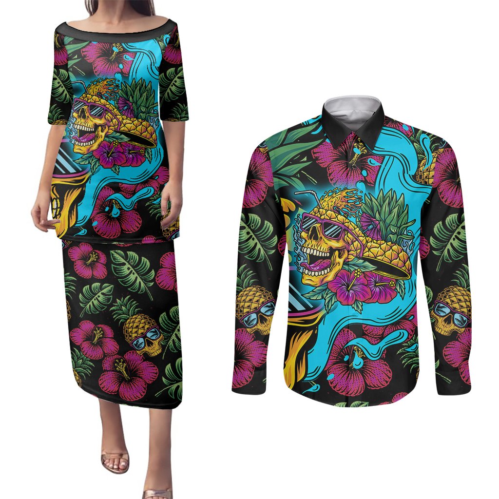 Pineapple Skull Couples Matching Puletasi Dress and Long Sleeve Button Shirts Sumer Time TS04 - Polynesian Pride