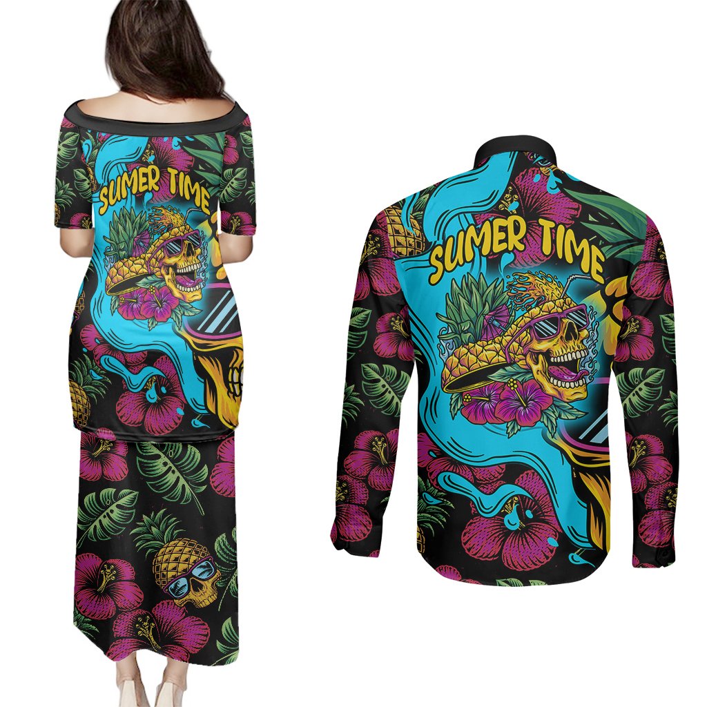 Pineapple Skull Couples Matching Puletasi Dress and Long Sleeve Button Shirts Sumer Time TS04 Multicolor - Polynesian Pride
