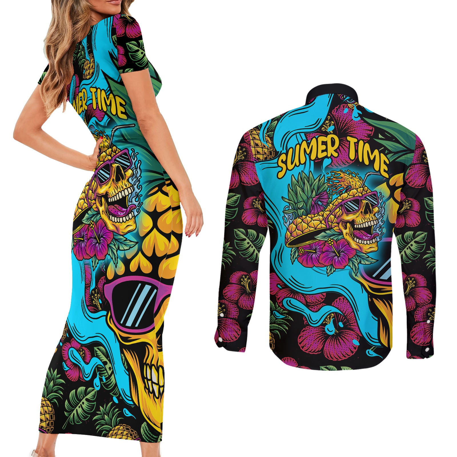 Pineapple Skull Couples Matching Short Sleeve Bodycon Dress and Long Sleeve Button Shirts Sumer Time TS04 Multicolor - Polynesian Pride