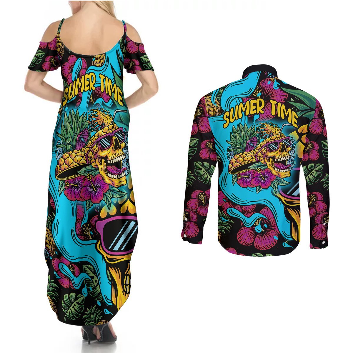 Pineapple Skull Couples Matching Summer Maxi Dress and Long Sleeve Button Shirts Sumer Time TS04 Multicolor - Polynesian Pride