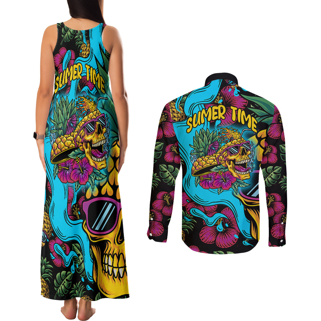 Pineapple Skull Couples Matching Tank Maxi Dress and Long Sleeve Button Shirts Sumer Time TS04 Multicolor - Polynesian Pride