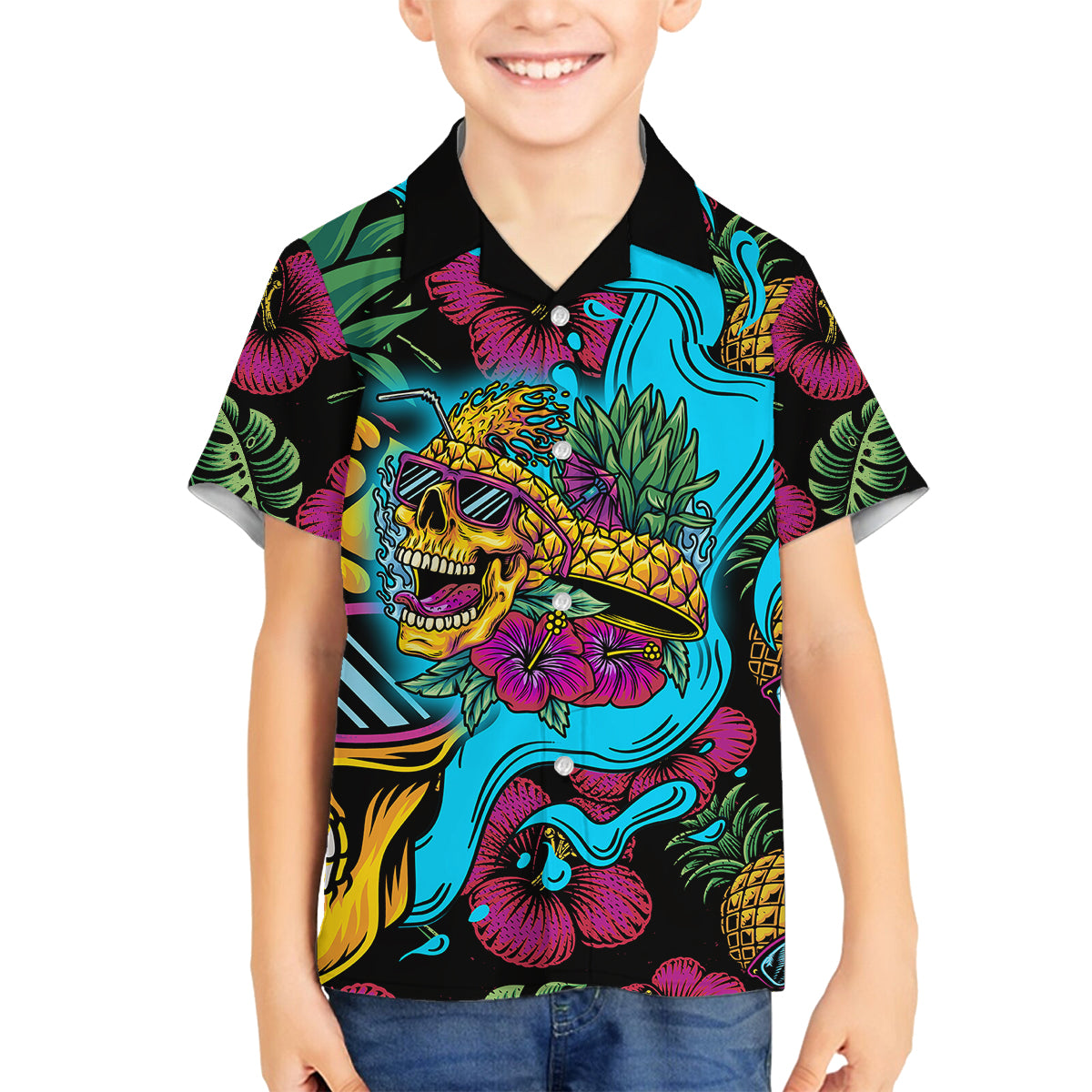 Pineapple Skull Family Matching Mermaid Dress and Hawaiian Shirt Sumer Time TS04 Son's Shirt Multicolor - Polynesian Pride