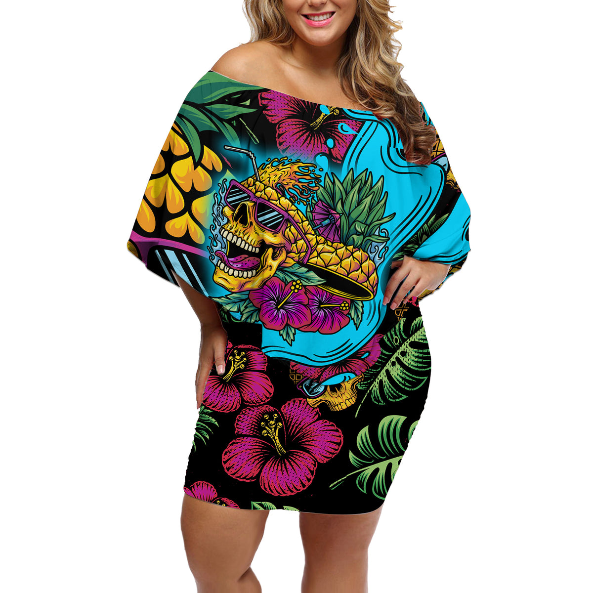 Pineapple Skull Off Shoulder Short Dress Sumer Time TS04 - Polynesian Pride