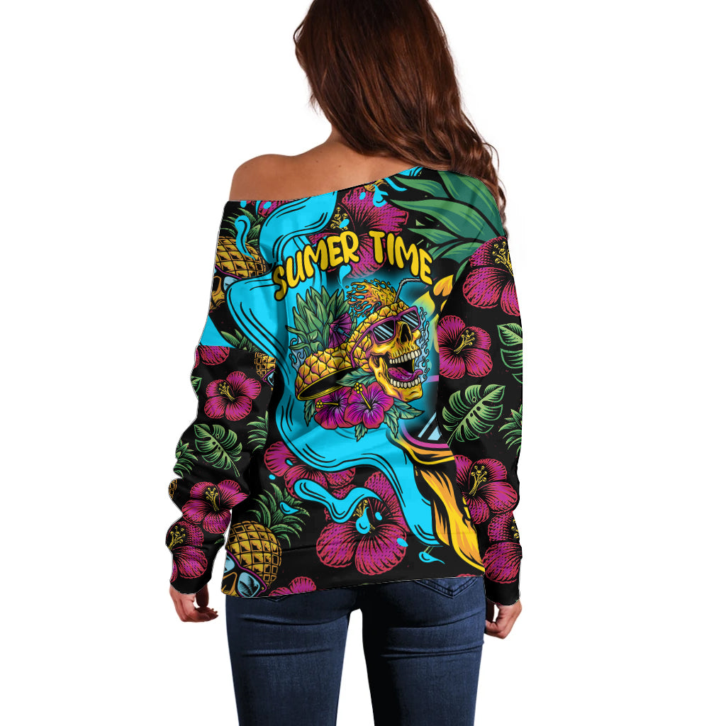Pineapple Skull Off Shoulder Sweater Sumer Time TS04 Women Multicolor - Polynesian Pride