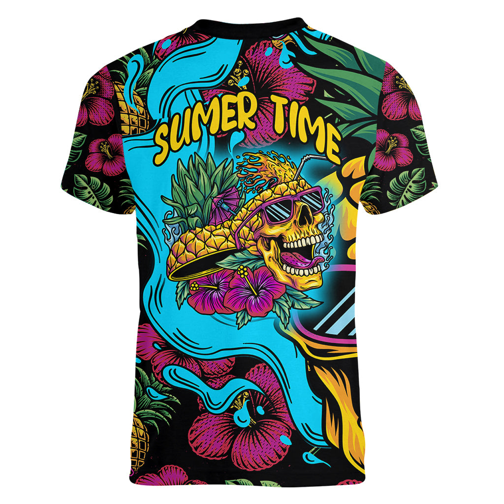 Pineapple Skull Women V Neck T Shirt Sumer Time TS04 Female Multicolor - Polynesian Pride