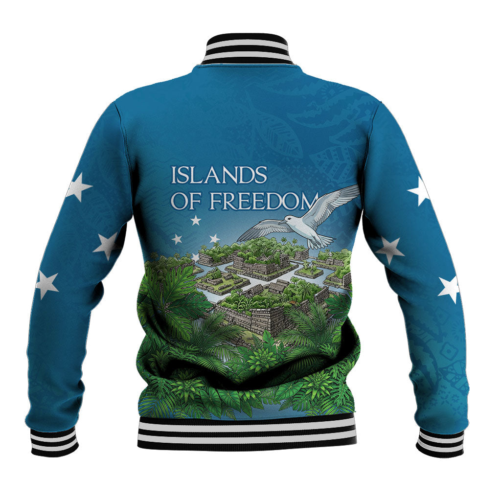 Micronesia Independence Day Baseball Jacket FSM Patriotic Pacific Island Nan Madol Ruins Seabird Tropical