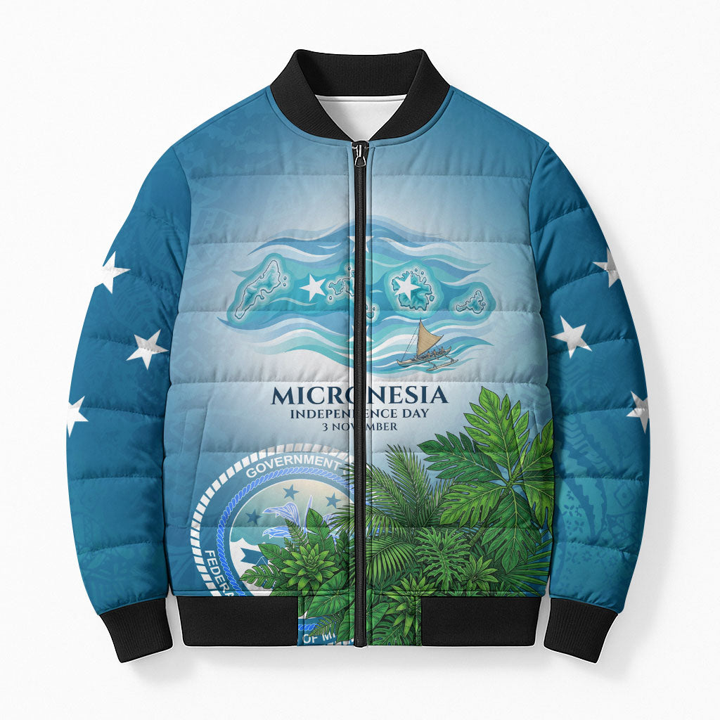 Micronesia Independence Day Bomber Puffer Jacket FSM Patriotic Pacific Island Nan Madol Ruins Seabird Tropical