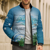 Micronesia Independence Day Bomber Puffer Jacket FSM Patriotic Pacific Island Nan Madol Ruins Seabird Tropical